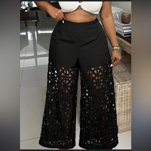 Women’s Casual High Rise High Waist Hollowed Out Cut Out Wide Leg Black Pants